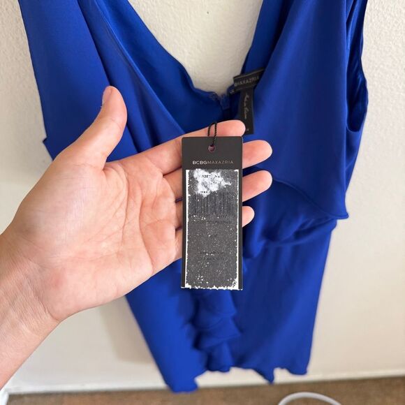 NWT BCBGMaxAzria Jessica Dress Waterfall ruffle handkerchief hem blue 4 - Picture 7 of 11
